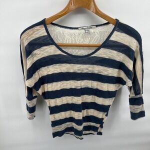American Rag Cie Y2K Striped Knit Top Lace Back 3/4 Sleeve Blue Cream Medium